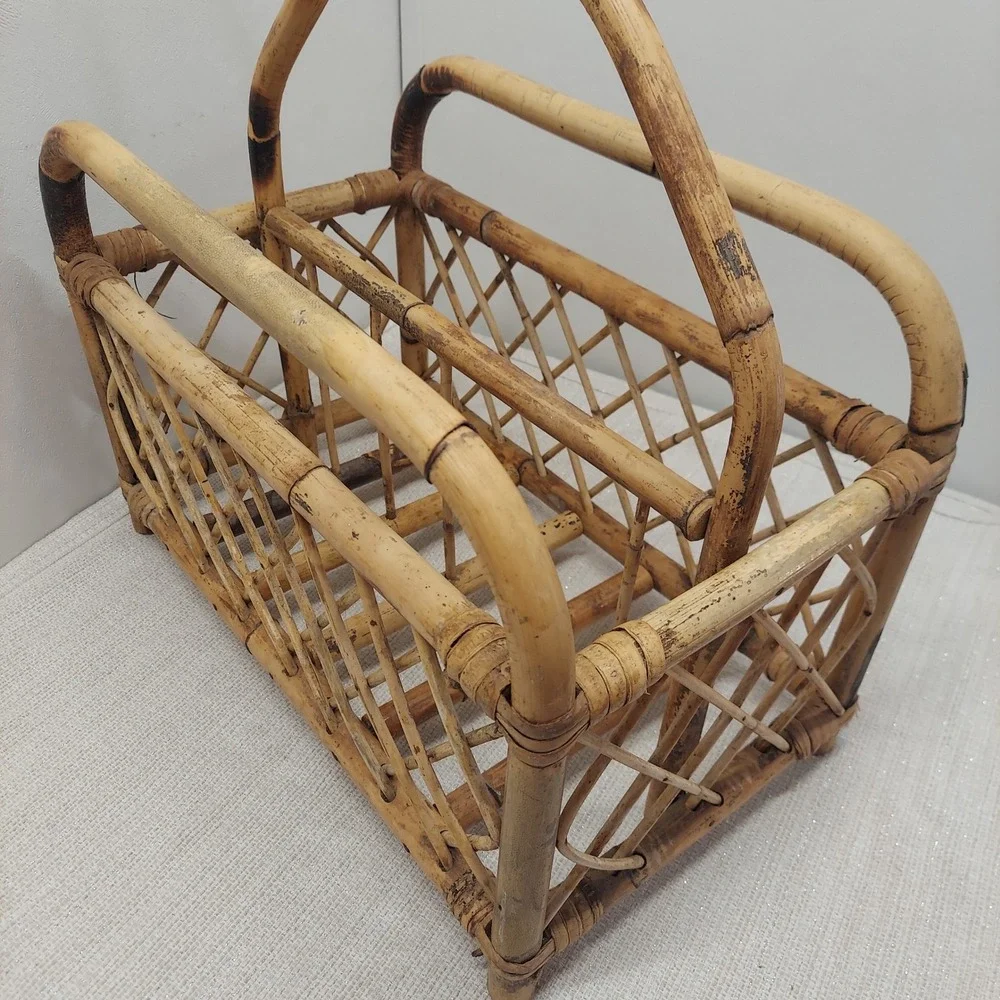 Vintage Bamboo Magazine Rack Rattan Book Caddy Boho MCM Storage Basket Handle